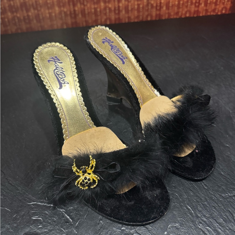 Hale Bob Black Velvet Heels with Gold spider Accent Morticia Adams Halloween